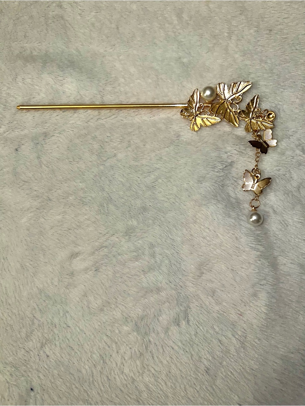 Gold Butterfly Leaf Hair Stick with Pearl Dangles